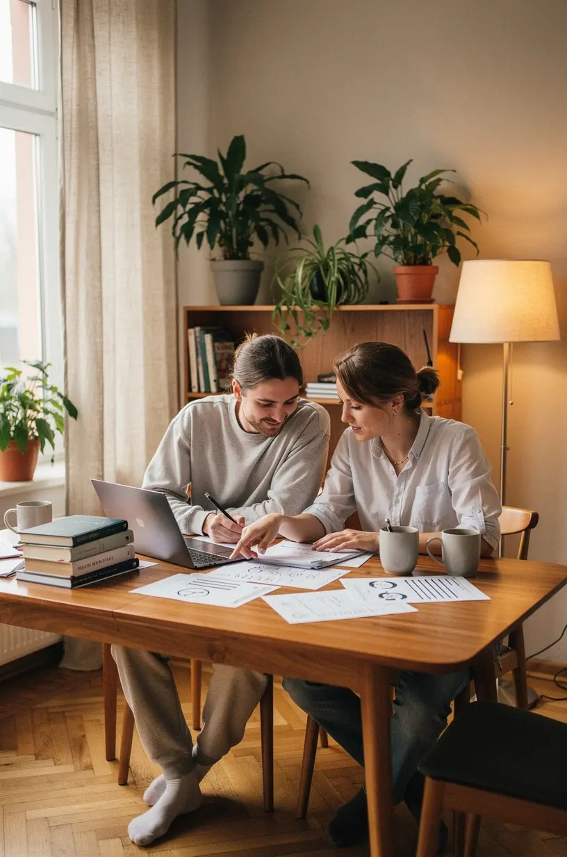 Ilustracja przedstawiająca osobę planującą budżet domowy z wykorzystaniem kalkulatora i notatnika.