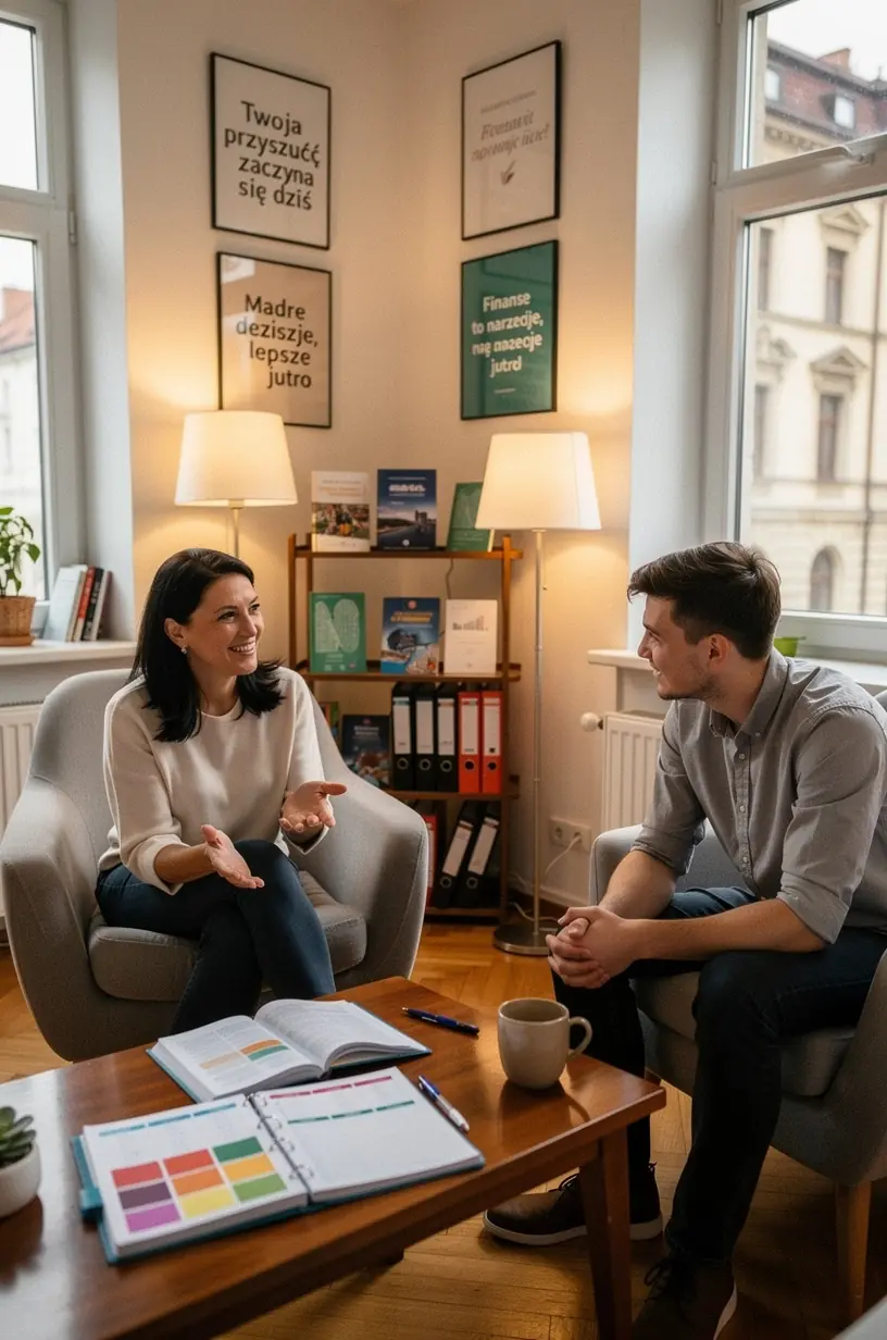 Grafika przedstawiająca sesję coachingową, gdzie doradca finansowy omawia strategie oszczędzania z klientem.